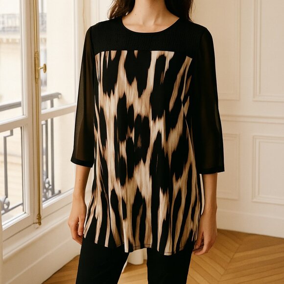 Chico's Travelers Brown Tan Black Animal Print Mixed Media Top 2 - Picture 1 of 8